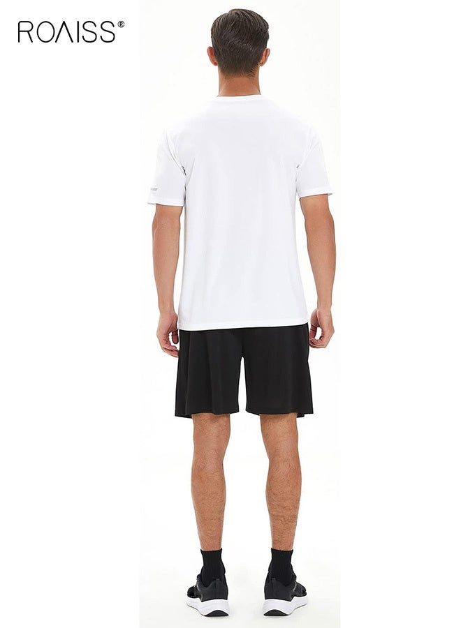 roaiss Men's Quick Dry Athletic Set, Short Sleeve T-Shirt and Elastic Waistband Shorts Activewear Set, Regular Fit Crewneck Workout Set,  Breathable Moisture Wicking Polyester Gym Outfit Set, High stretch Lightweight Sportswear Set for Running Training Boxing, White - Image 3